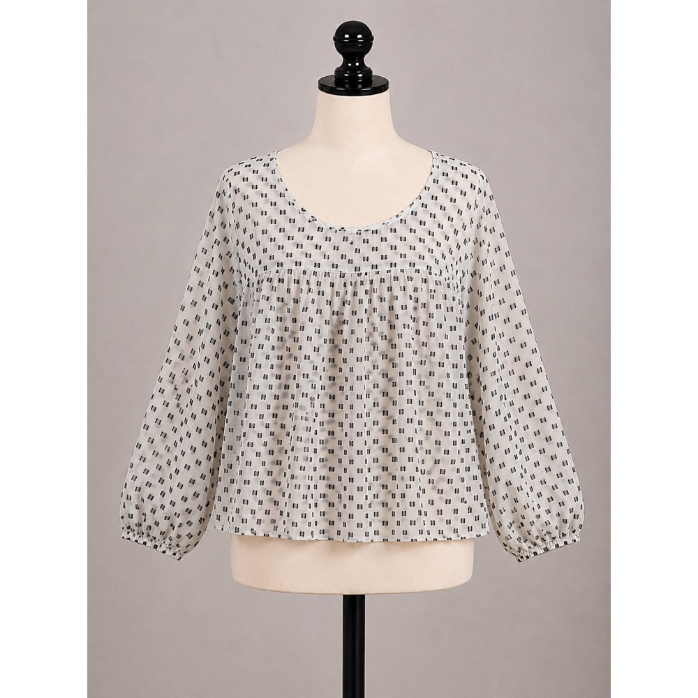 Womens XL White Black Geometric Dot Babydoll Blouse Balloon Sleeve Cottagecore